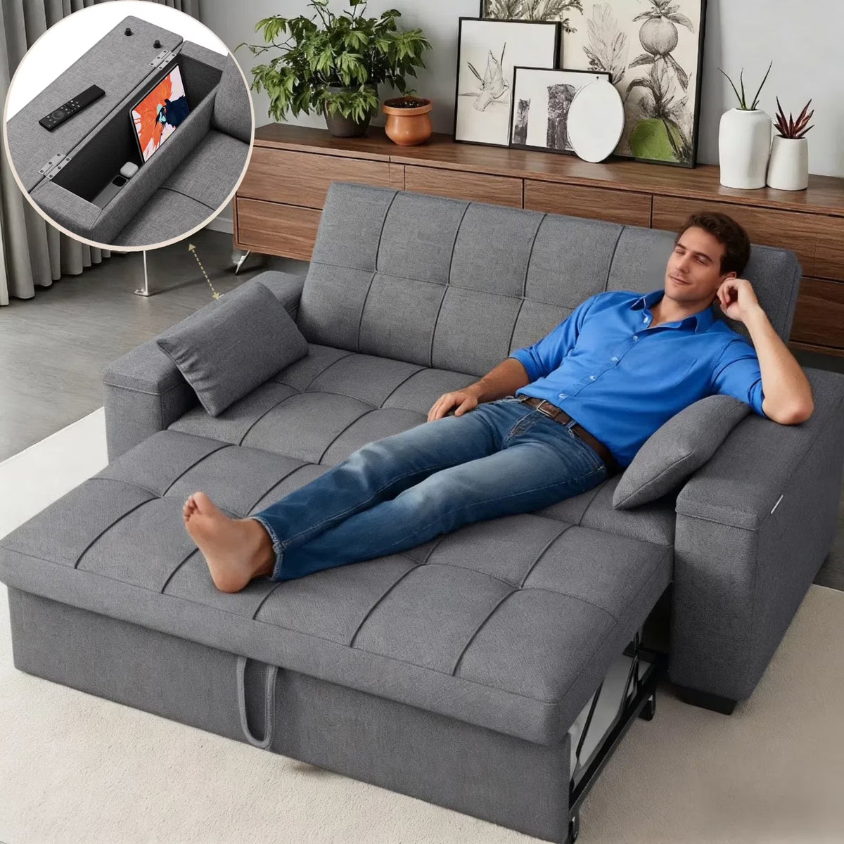 Nouveauté 2026 – Canapé-lit convertible 3 en 1 Lofka avec rangement, dossier réglable et fonction gigogne - Fauteuil-lit idéal pour les petits espaces et les appartements, gris foncé