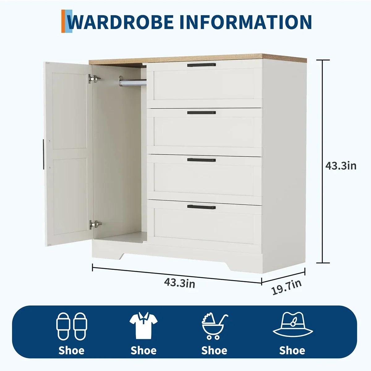 Nouveauté 2026 – Armoire-penderie en bois Ataucjin avec 4 tiroirs et une porte, hauteur 110 cm (43,3 po), avec tringle, rangement pour vêtements, commode à 4 tiroirs avec placard de rangement