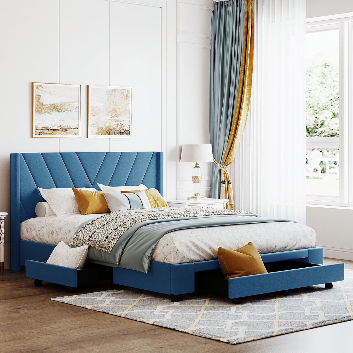 Nouveauté 2026 – Cadre de lit Queen Sesslife avec rangement, nouveau lit plateforme rembourré en lin amélioré avec 3 tiroirs, lit de rangement Queen avec tête de lit et lattes en bois, aucun sommier requis, supporte 227 kg, beige