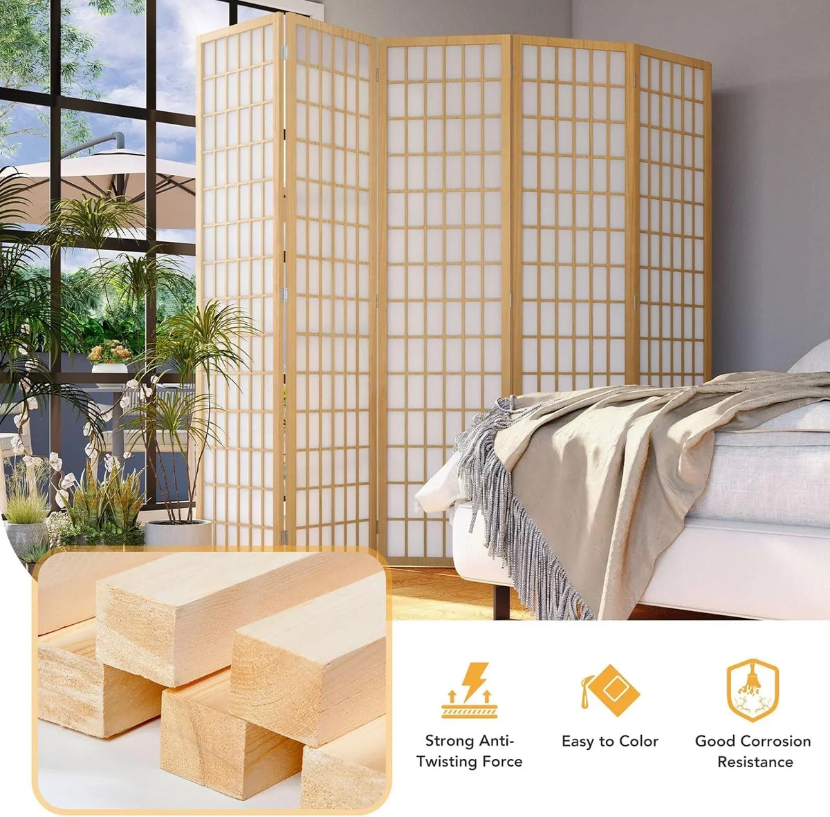 Nouveauté 2026 – Paravent Shoji JOSTYLE , 6 panneaux pliables, pour séparer les pièces en toute intimité, style japonais, en bois, 1,80 m (5,9 pi), couleur naturelle