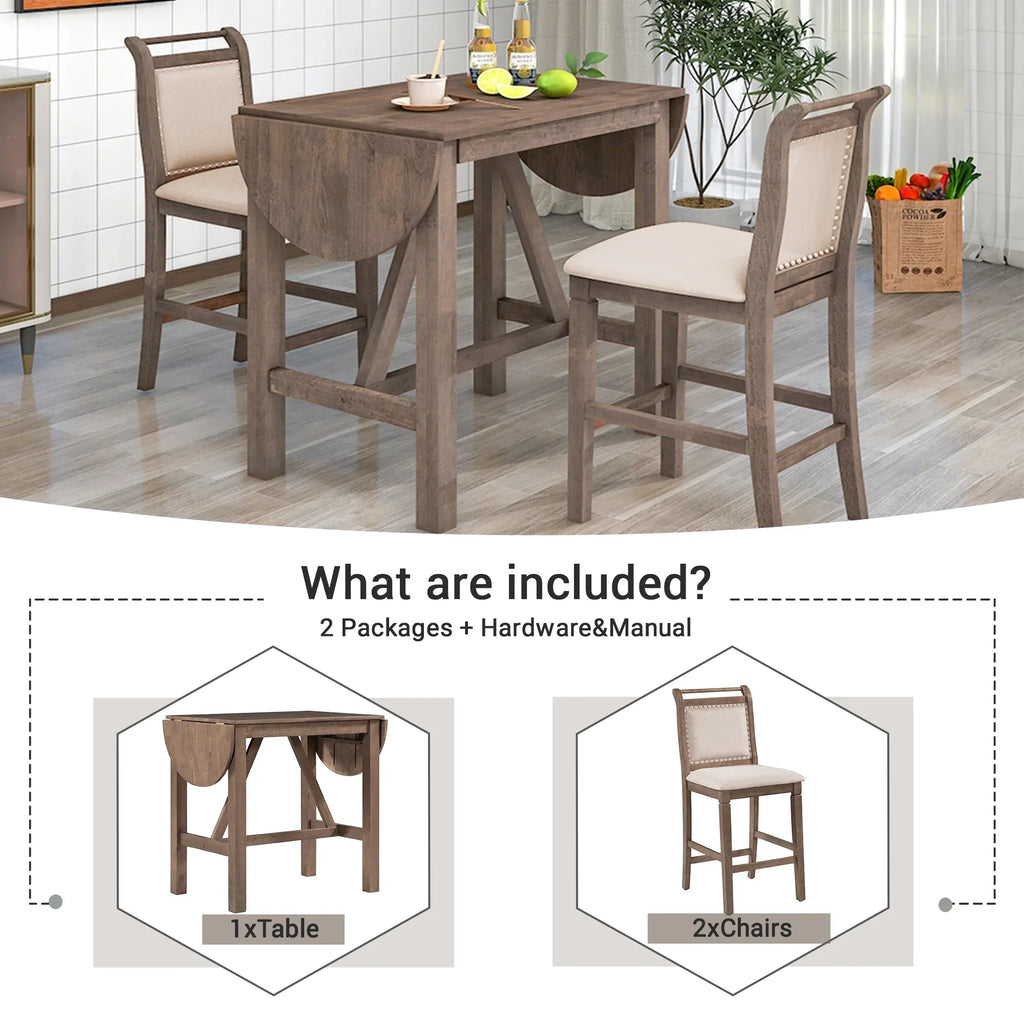 Nouveauté 2026 – Ensemble de salle à manger pliant 3 pièces en bois Harper & Bright Designs : table à abattants et 2 chaises de bar rembourrées, idéal pour les petits espaces, marron