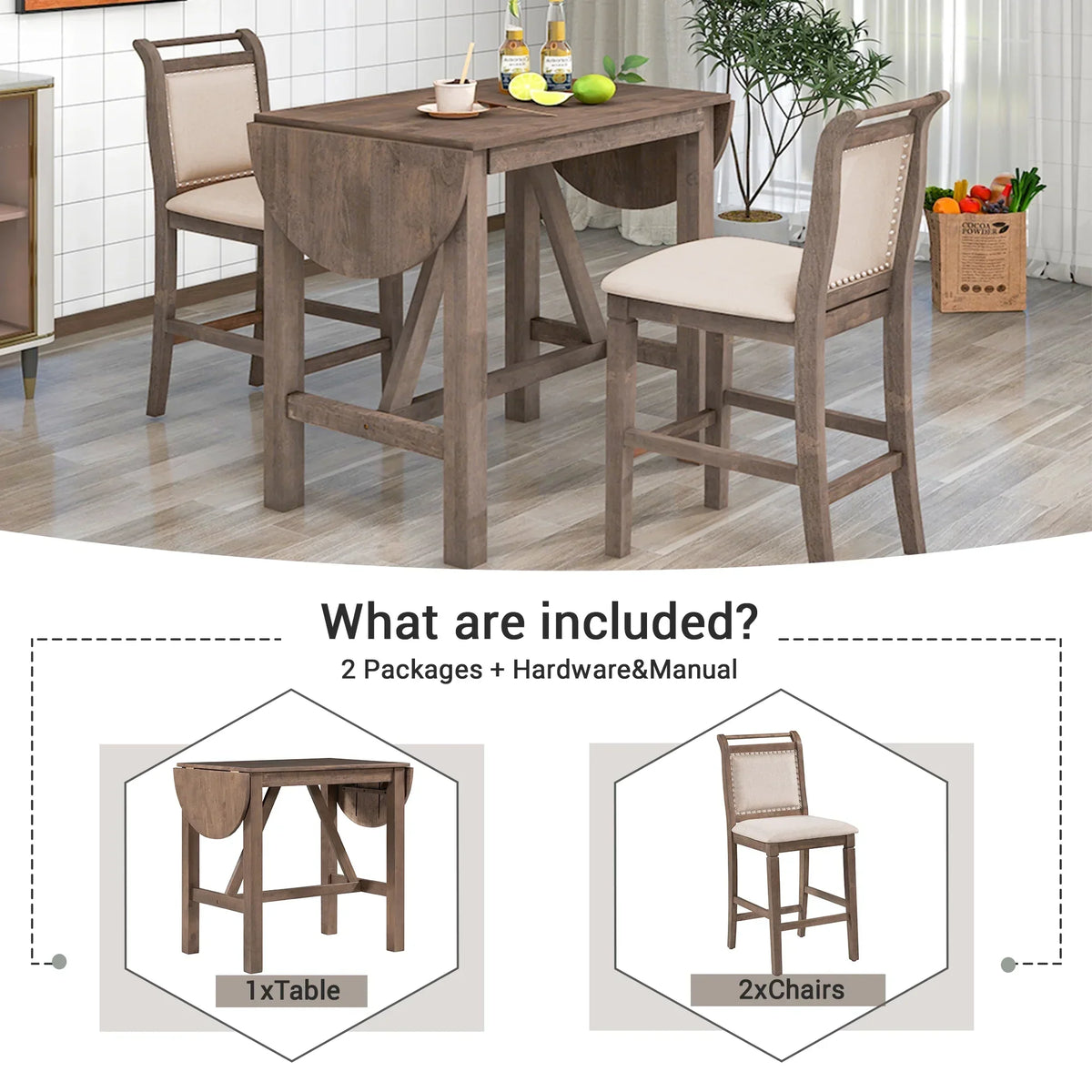 Nouveauté 2026 – Ensemble de salle à manger pliant 3 pièces en bois Harper & Bright Designs : table à abattants et 2 chaises de bar rembourrées, idéal pour les petits espaces, marron