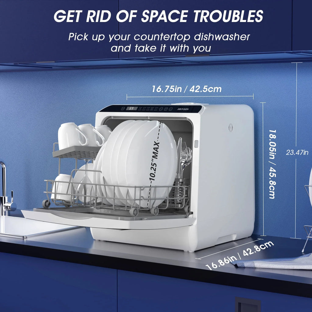 Nouveauté 2026 – Lave-vaisselle portable de comptoir AIRMSEN avec réservoir d'eau intégré de 5 litres et fonction de séchage à l'air, 5 programmes de lavage, mini lave-vaisselle, AE-TDQR03