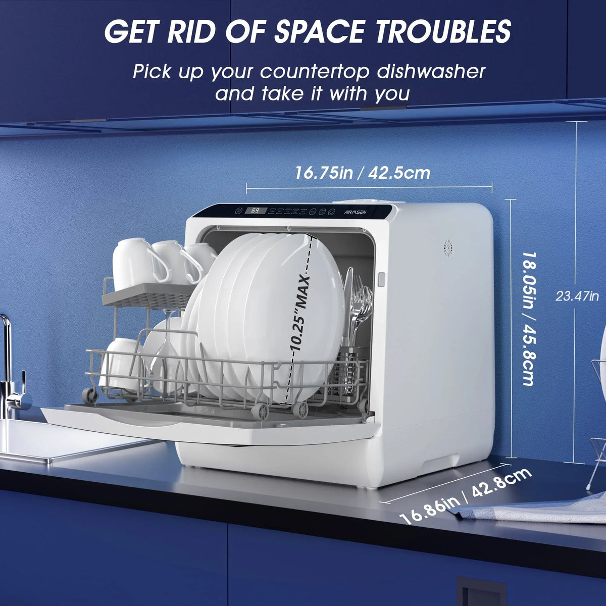 Nouveauté 2026 – Lave-vaisselle portable de comptoir AIRMSEN avec réservoir d'eau intégré de 5 litres et fonction de séchage à l'air, 5 programmes de lavage, mini lave-vaisselle, AE-TDQR03