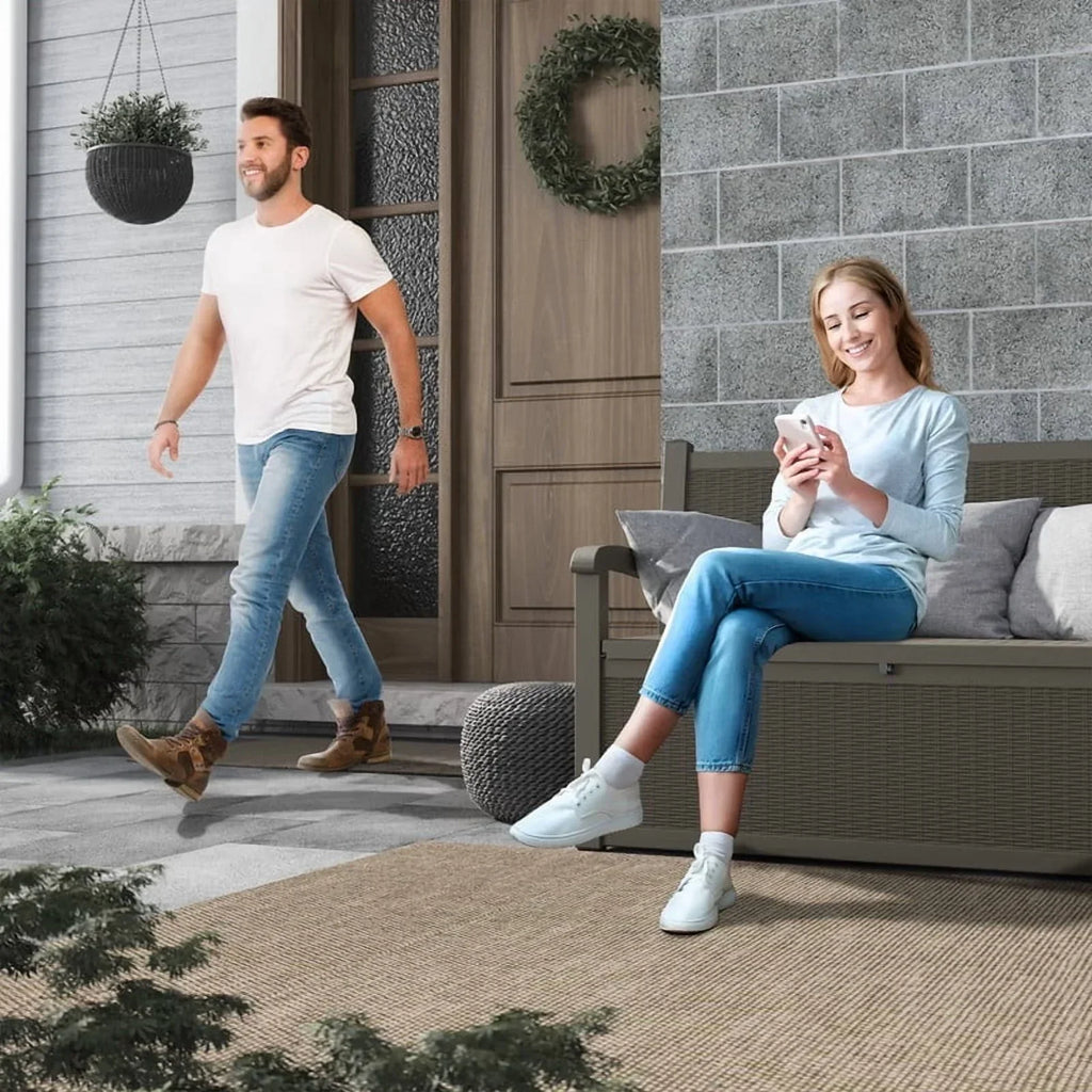 Nouveauté 2026 – Coffre de rangement Bifanuo de 70 gallons avec banc et accoudoirs, résistant à l'eau, idéal pour le mobilier de patio, les outils de jardin, le rangement de piscine et les coussins d'extérieur. Couleur : gris