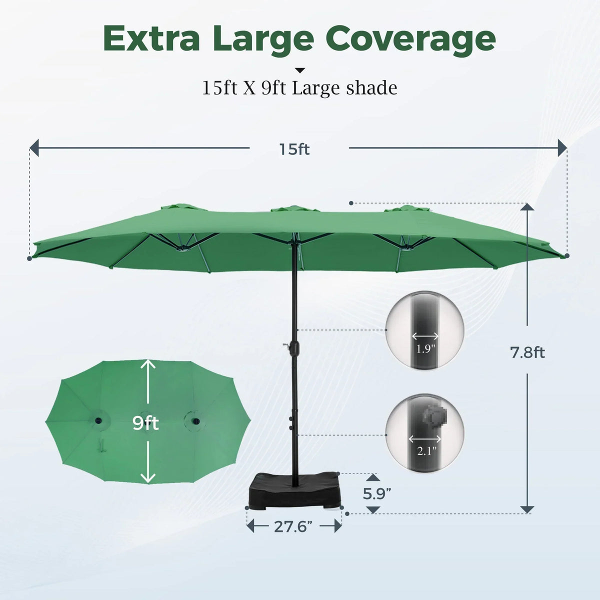 Nouveauté 2026 – Parasol de jardin extra-large Alpha Joy 4,57 m (15 pi) à double face avec manivelle et base - Gris fumé