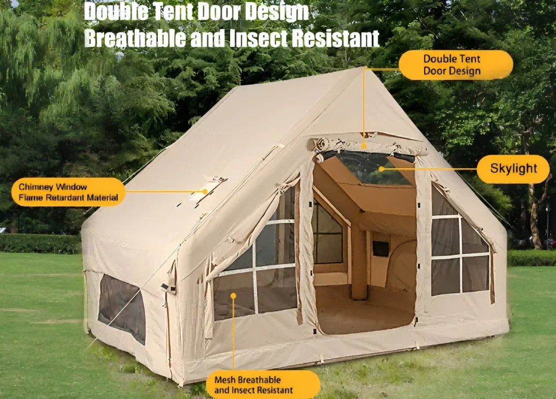 Nouveauté 2026 – Nouvelles tentes de camping gonflables avec pompe manuelle, tentes de glamping gonflables, installation facile, imperméables et coupe-vent, tente cabine Oxford 4 saisons avec fenêtre cheminée