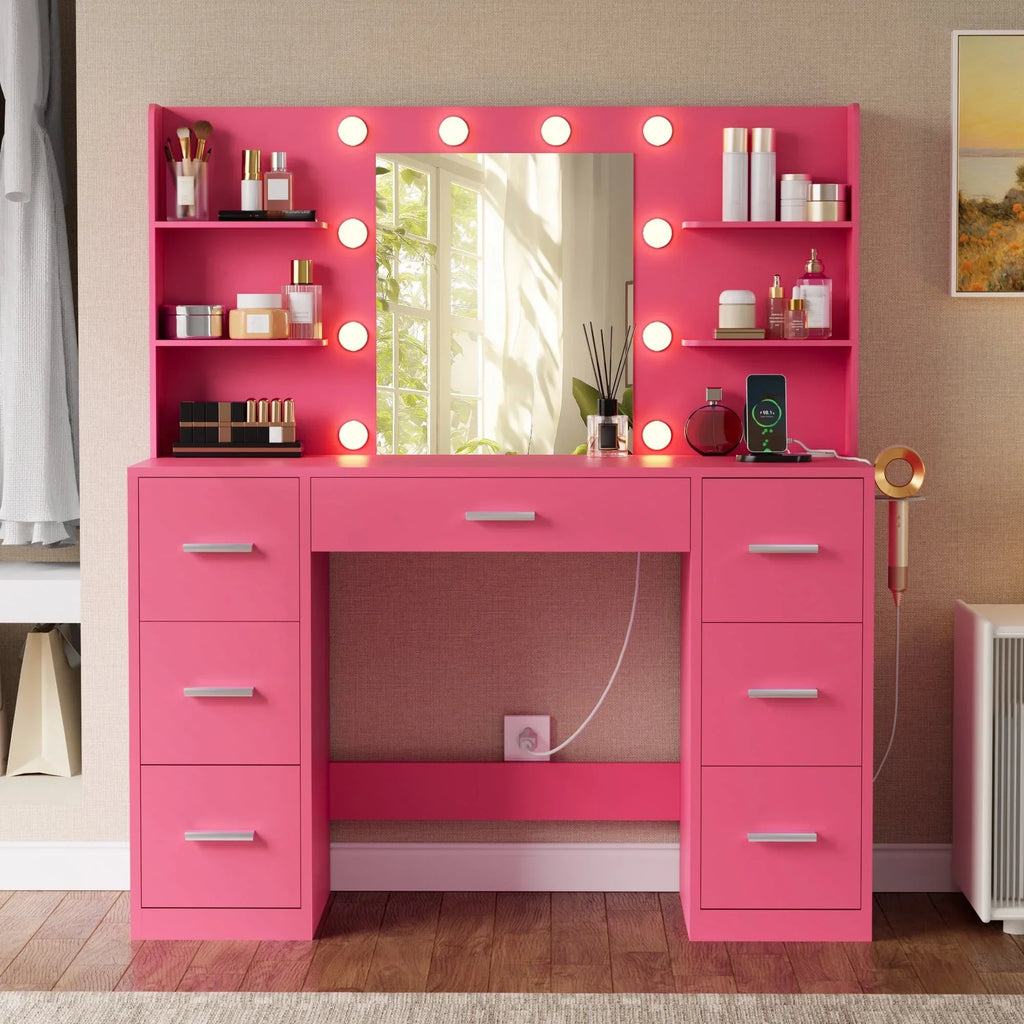 Nouveauté 2026 – Coiffeuse Lacoo avec miroir et éclairage LED, meuble de maquillage avec 7 tiroirs et 4 étagères, table de toilette avec prise électrique pour chambre ou dressing, blanche