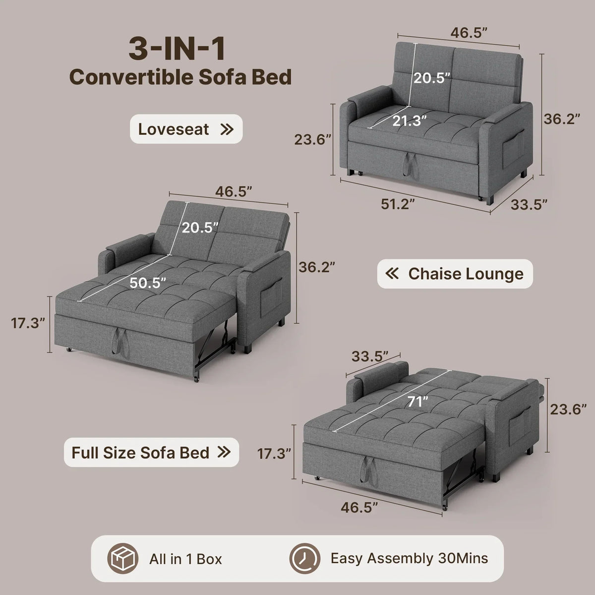Nouveauté 2026 – Canapé-lit convertible 3 en 1 Lofka avec rangement, dossier réglable et fonction gigogne - Fauteuil-lit idéal pour les petits espaces et les appartements, gris foncé