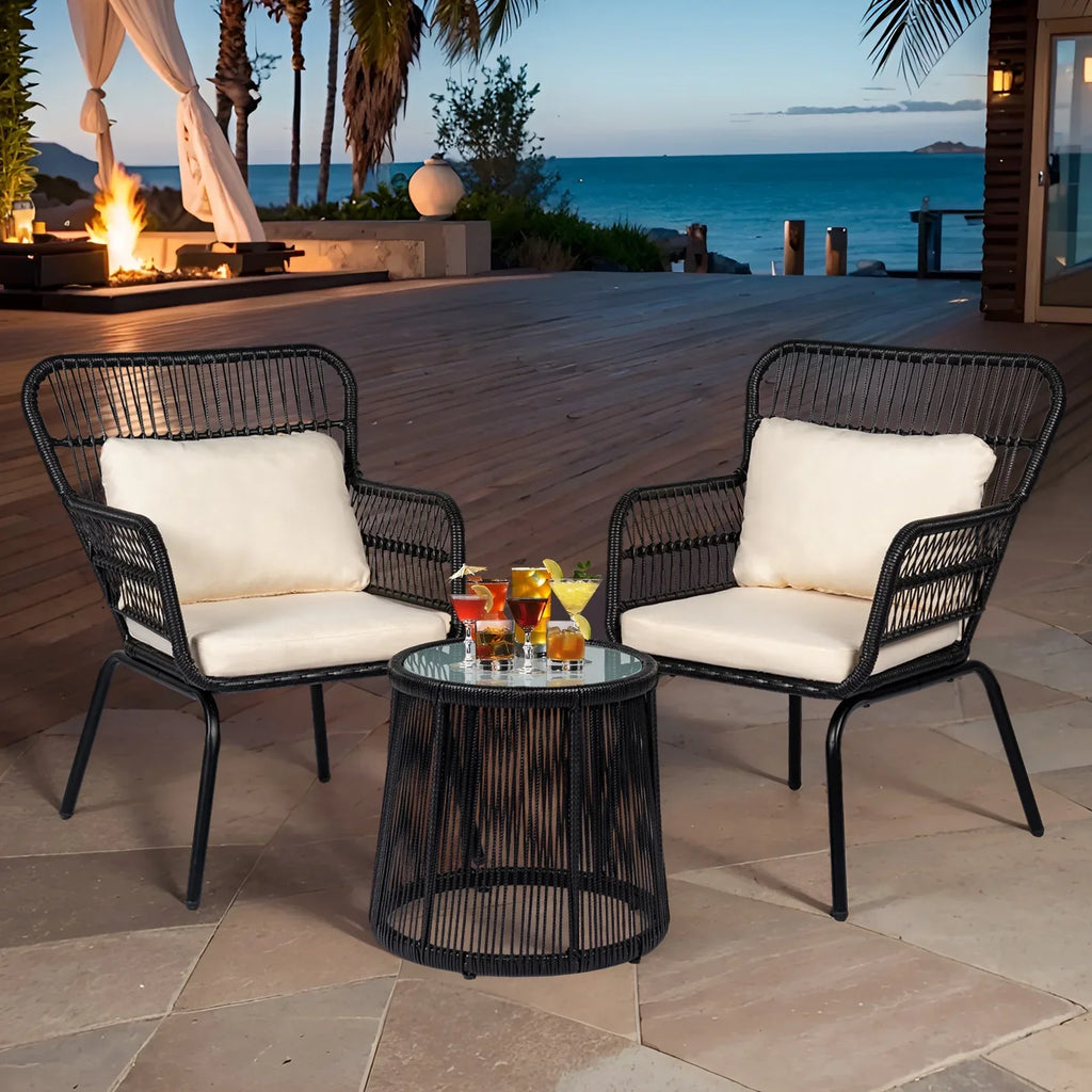 Nouveauté 2026 – Ensemble bistro de conversation 3 pièces Tappio pour patio, mobilier de jardin en rotin, table basse en verre et coussins, jaune/beige, idéal pour le jardin, le balcon, la terrasse ou la piscine