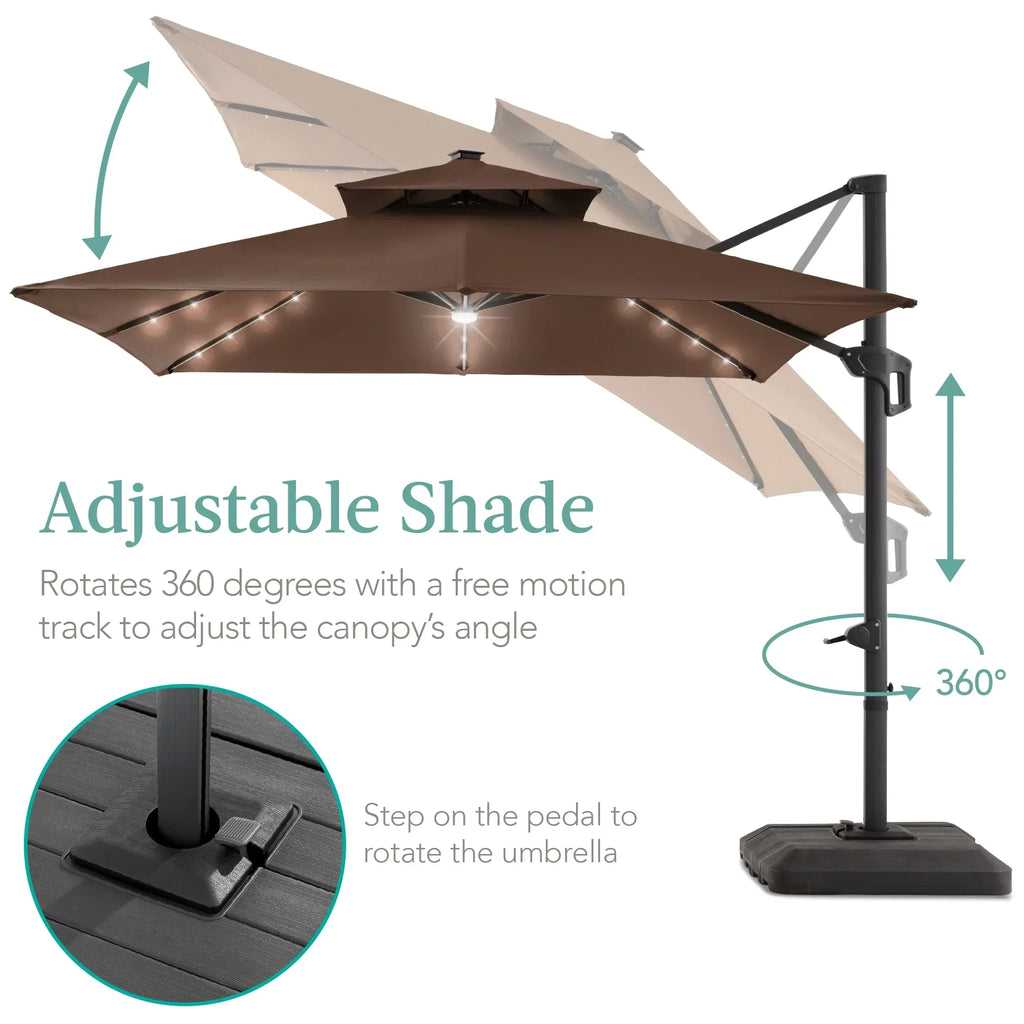Nouveauté 2026 – Parasol de terrasse carré déporté à deux niveaux, 3 x 3 m, à éclairage solaire LED, avec base incluse (Best Choice Products, ) - Beige