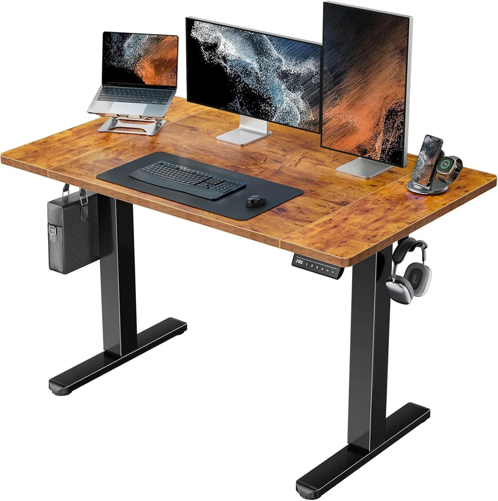 Nouveauté 2026 – Bureau assis-debout électrique UANUO , 122 x 61 cm, hauteur réglable, crochets pour casque et système de gestion des câbles, idéal pour le télétravail ou le bureau à domicile, marron vintage