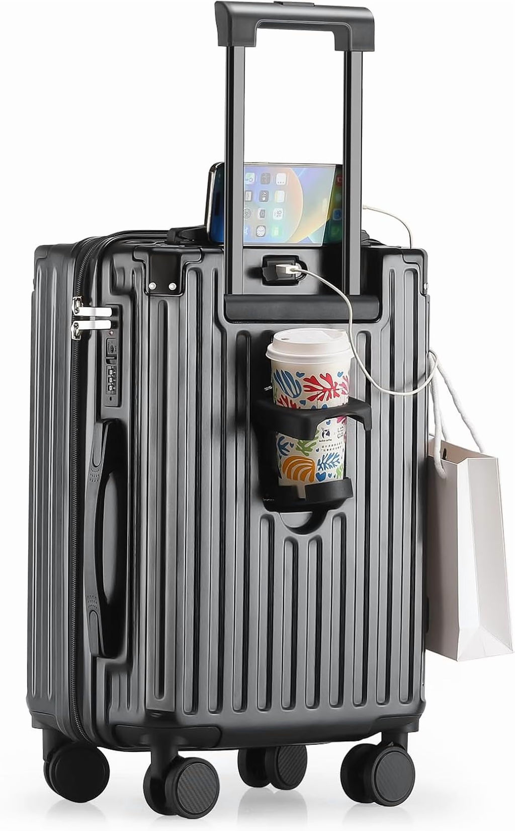 Nouveauté 2026 – Valise cabine 20 de 51 cm (20 pouces) avec porte-gobelet et port USB, approuvée par les compagnies aériennes et verrouillable TSA, légère, en polycarbonate, avec roulettes pivotantes à 360°