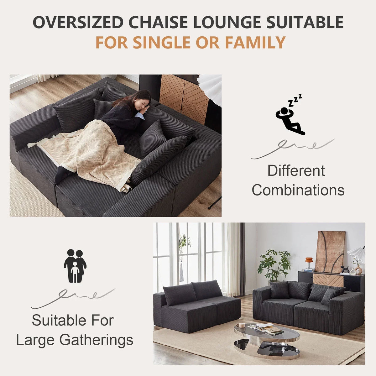 Nouveauté 2026 – Canapé d'angle modulaire en velours côtelé de 264 cm (104 pouces), ensemble de canapés de sol de luxe, mobilier d'intérieur rembourré, canapé compressé en mousse pour salon et chambre, combinaison libre de 4 pièces