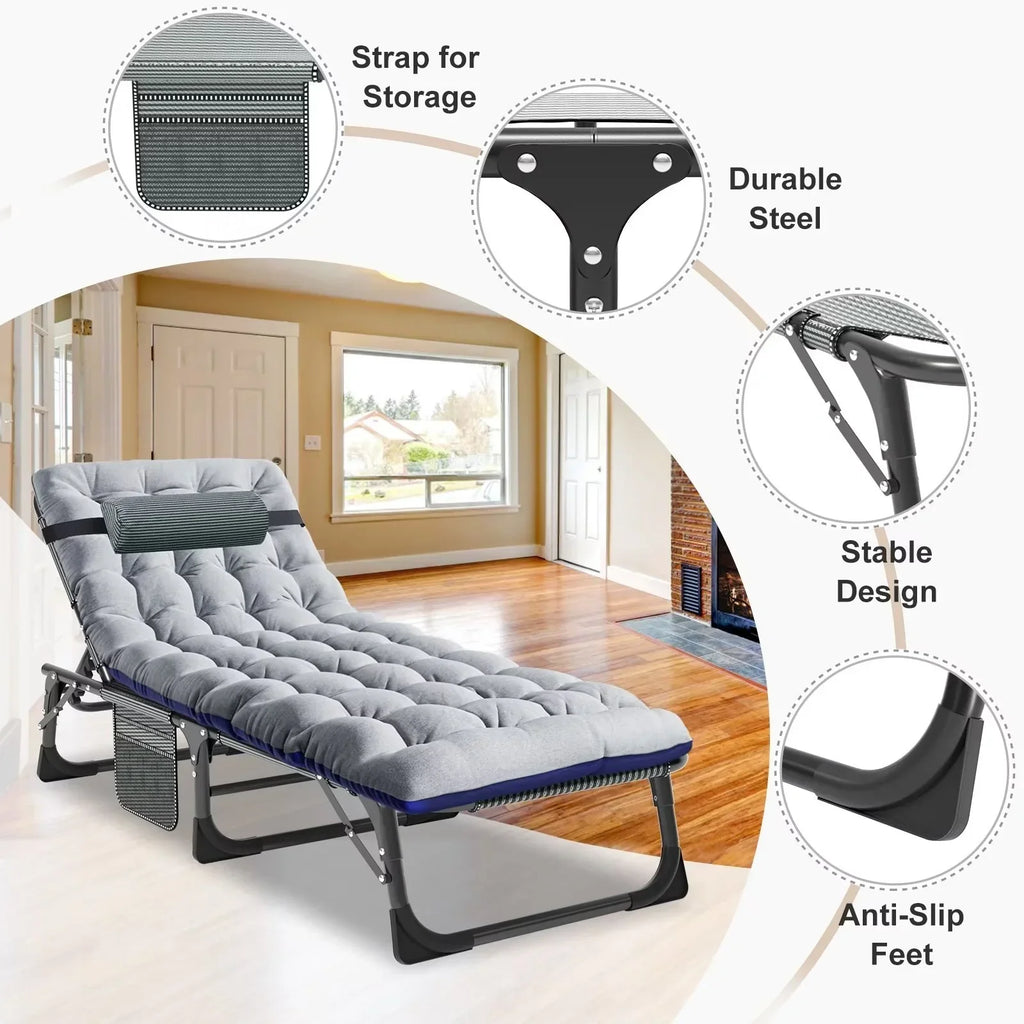 Nouveauté 2026 – Chaise longue MOPHOTO avec matelas, supportant jusqu'à 200 kg, lit de camp portable et robuste, réglable, idéal pour le camping, la piscine, la plage et la terrasse