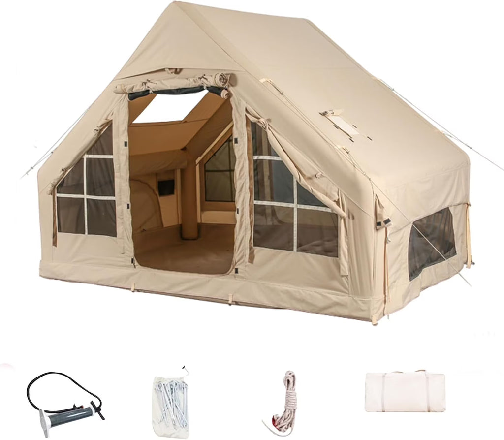 Nouveauté 2026 – Nouvelles tentes de camping gonflables avec pompe manuelle, tentes de glamping gonflables, installation facile, imperméables et coupe-vent, tente cabine Oxford 4 saisons avec fenêtre cheminée