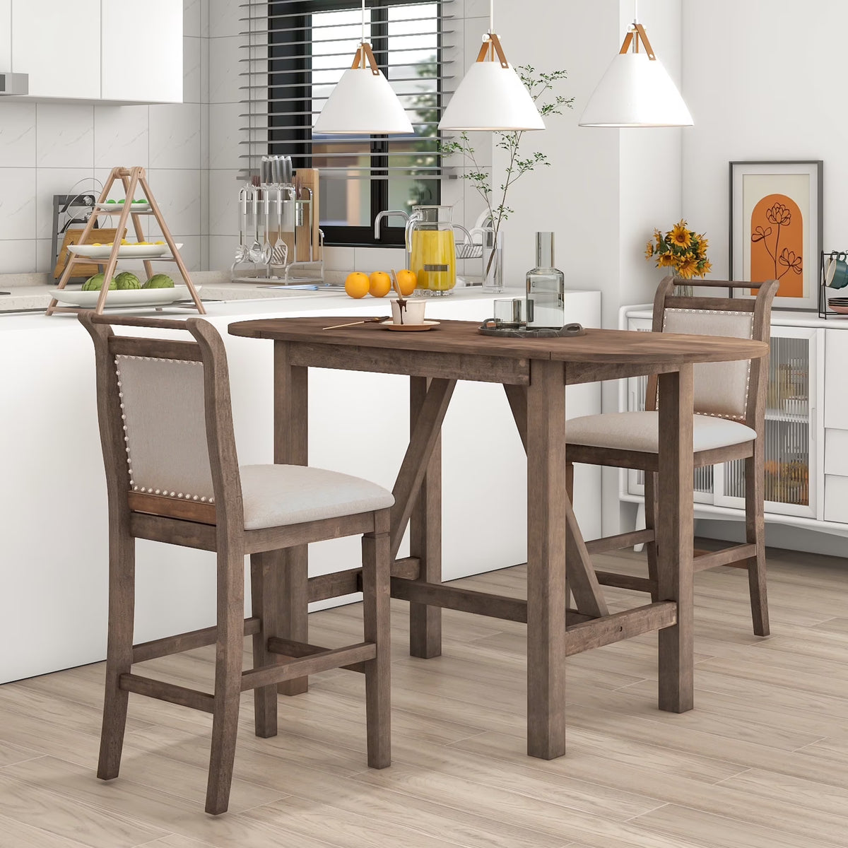 Nouveauté 2026 – Ensemble de salle à manger pliant 3 pièces en bois Harper & Bright Designs : table à abattants et 2 chaises de bar rembourrées, idéal pour les petits espaces, marron