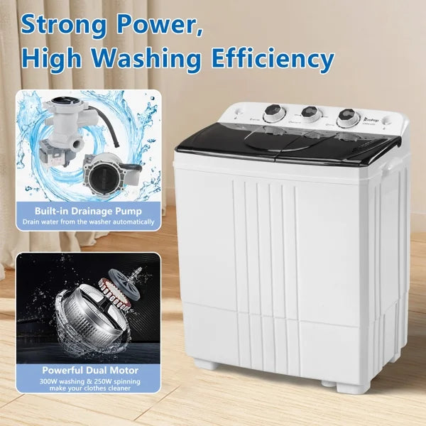 Nouveauté 2026 – Lave-linge semi-automatique compact 1300 tr/min, 9 kg (20 lb), double cuve, avec pompe intégrée, idéal pour appartement, résidence étudiante, camping-car et camping. Blanc/noir
