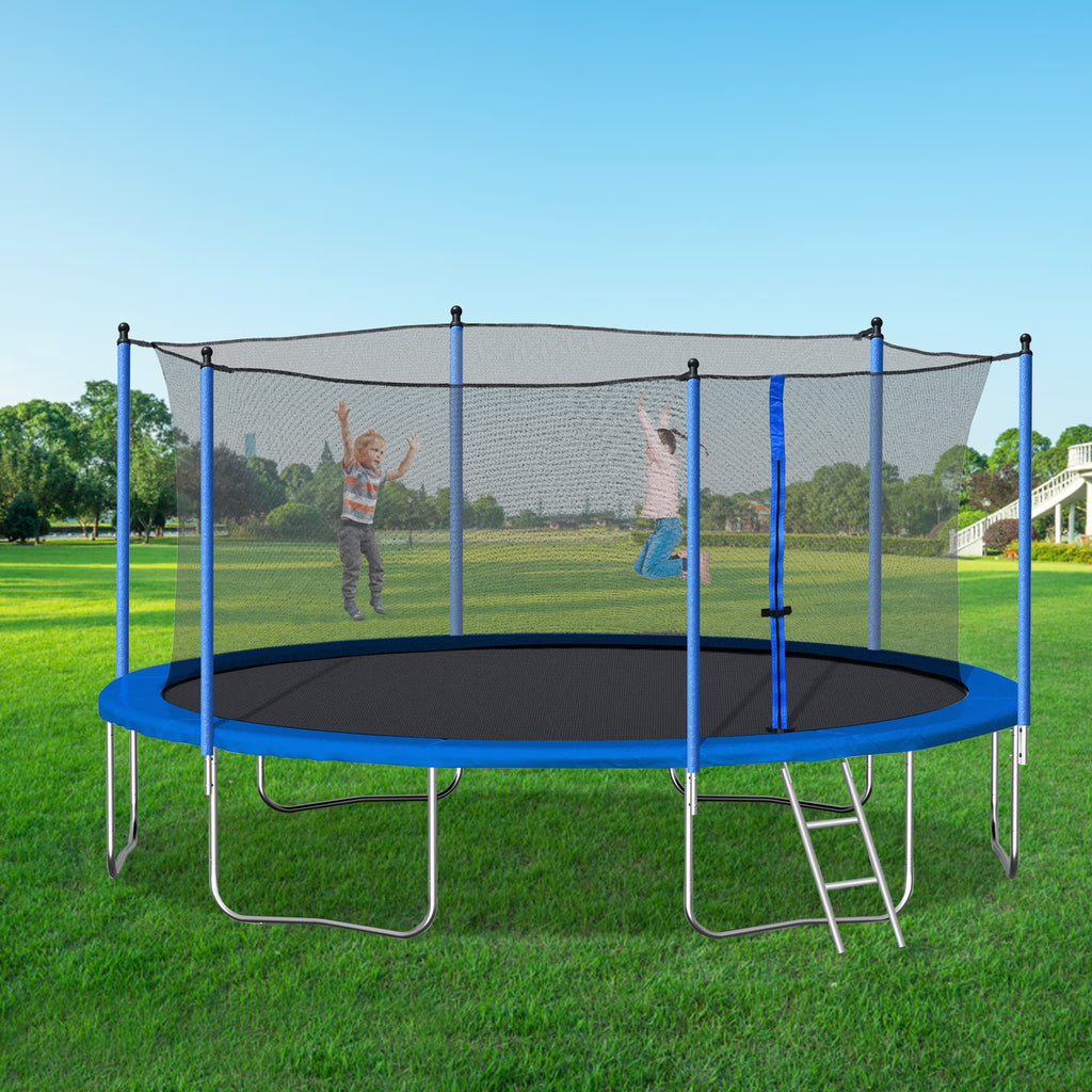 Nouveauté 2026 – Trampoline d'extérieur 4,27 m (14 pi) neuf de avec filet de sécurité, structure tubulaire en acier, échelle et filet de protection - Modèle robuste, bleu