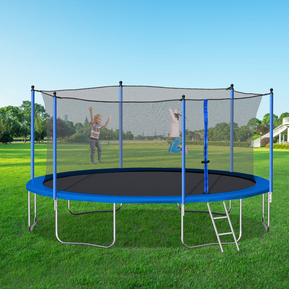 Nouveauté 2026 – Trampoline d'extérieur 4,27 m (14 pi) neuf de avec filet de sécurité, structure tubulaire en acier, échelle et filet de protection - Modèle robuste, bleu
