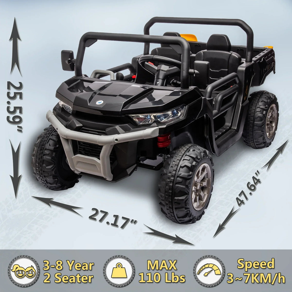 Nouveauté 2026 – Camion électrique Xuanlur 24V 2 places pour enfants , avec moteur 2x200W, benne basculante/pelle, pneus résistants, lumières LED, musique et télécommande, noir