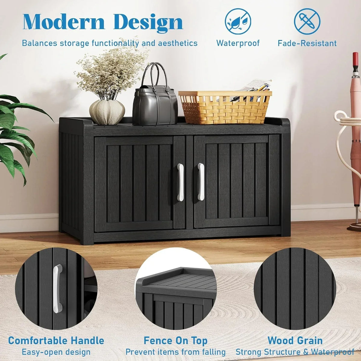 Nouveauté 2026 – Meuble de rangement à chaussures d'extérieur KAMABOKO , banc de rangement étanche et résistant aux UV pour entrée, intérieur et extérieur, avec 2 portes coulissantes de style grange et étagères réglables pour entrée, chambre, couloir