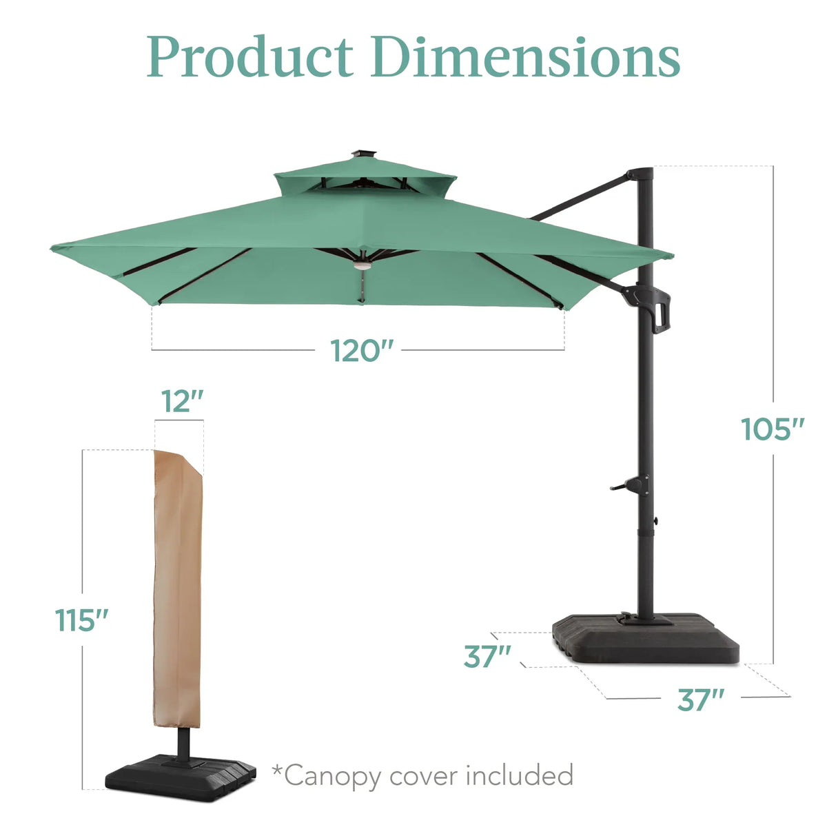Nouveauté 2026 – Parasol de terrasse carré déporté à deux niveaux, 3 x 3 m, à éclairage solaire LED, avec base incluse (Best Choice Products, ) - Beige