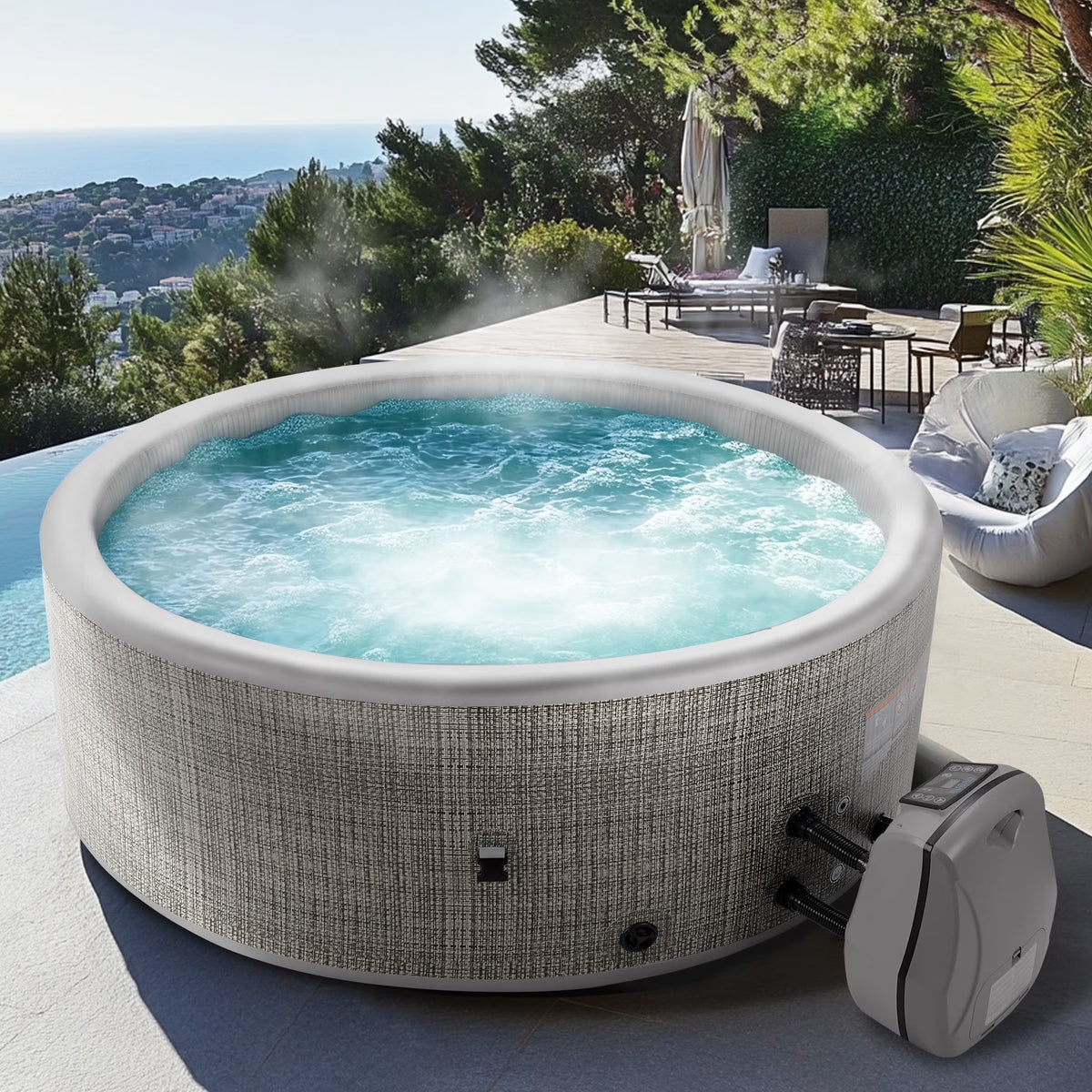 Nouveauté 2026 – Ensemble de mobilier de jardin Round pour spa , canapé d'angle en rotin avec mini-canapé, rangement pour spa en bois d'acacia massif, coussins gris
