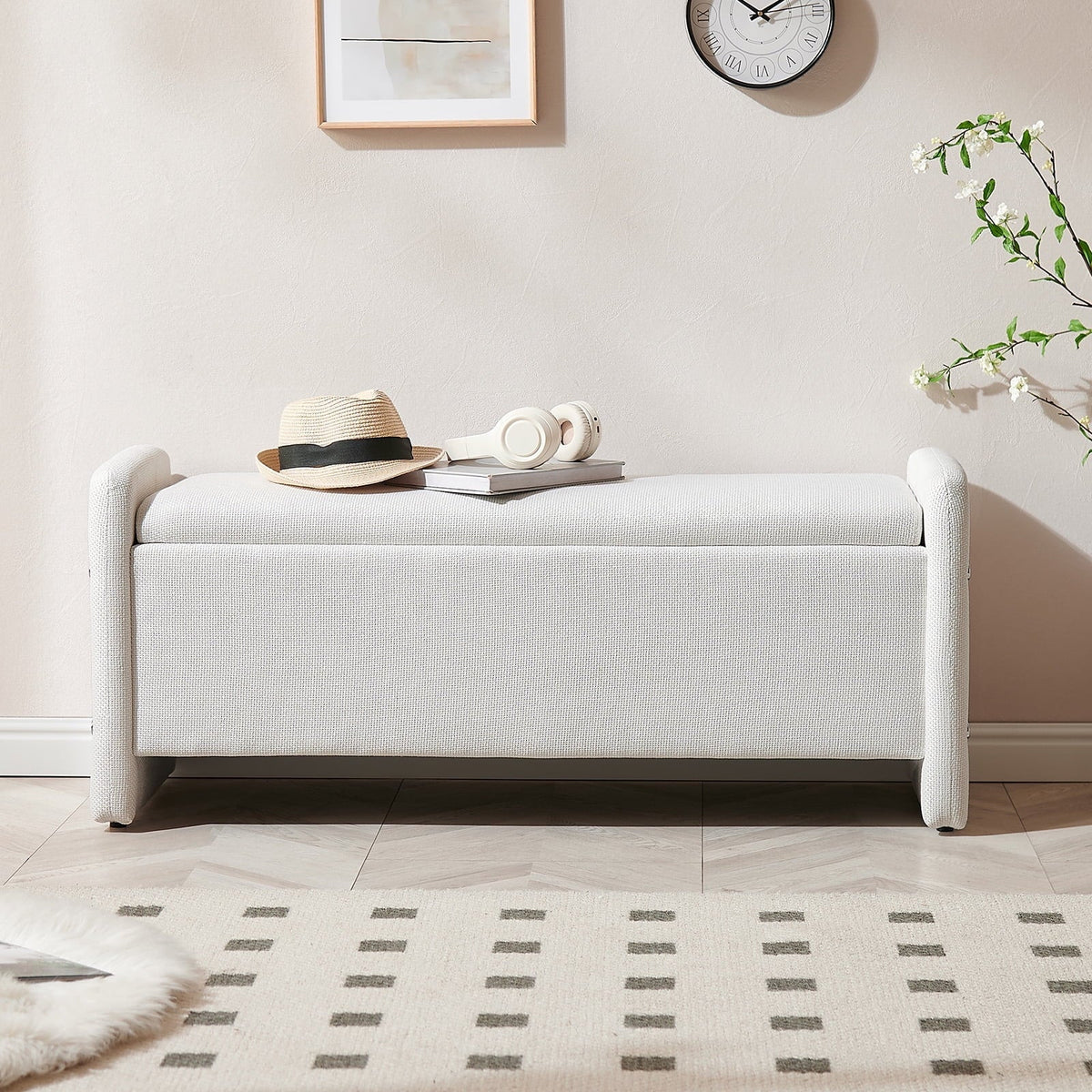 Nouveauté 2026 – Banc coffre Pinmoco de 112 cm (44 po), banc d'entrée rembourré avec rangement, idéal pour la chambre et le salon, en velours côtelé gris