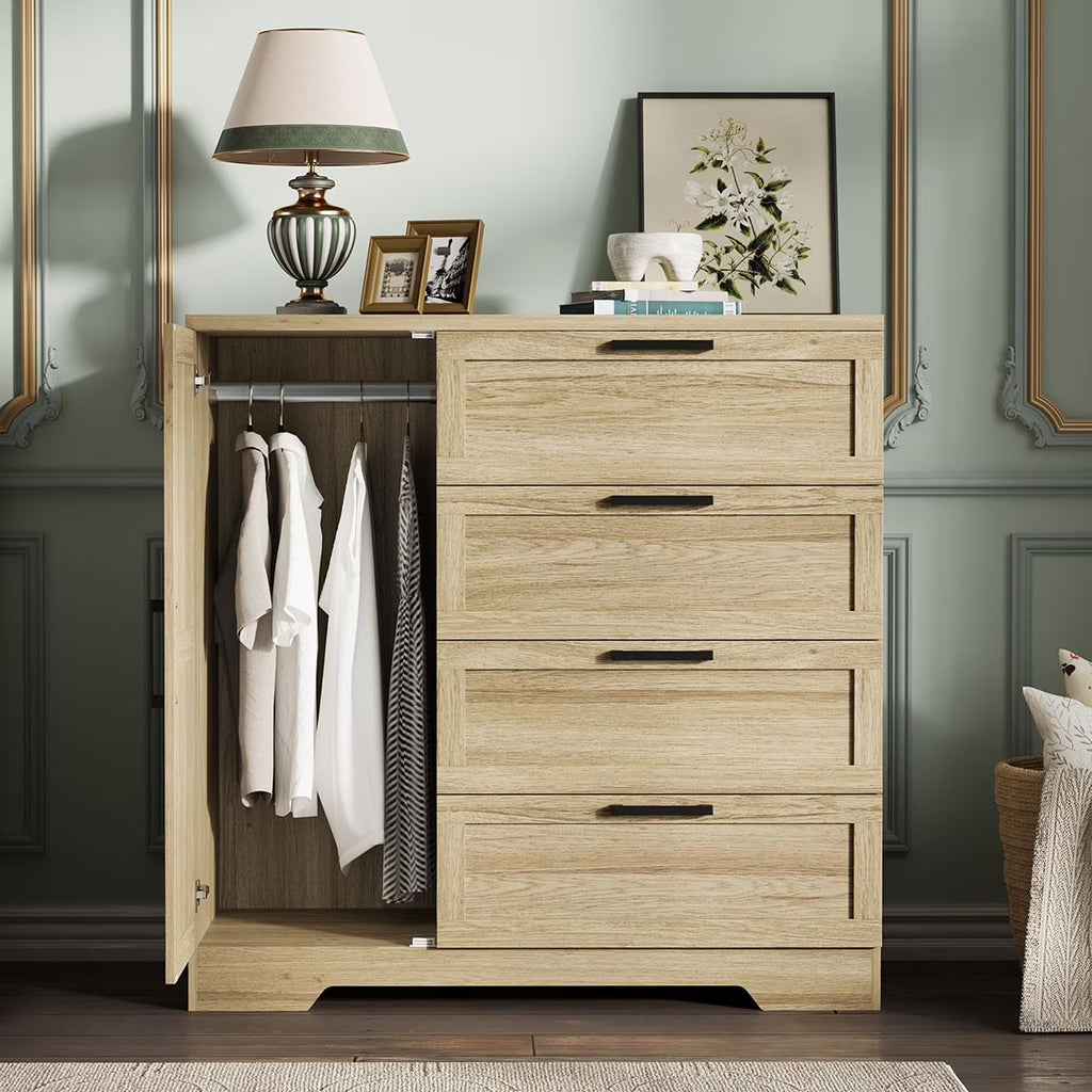 Nouveauté 2026 – Armoire-penderie en bois Ataucjin avec 4 tiroirs et une porte, hauteur 110 cm (43,3 po), avec tringle, rangement pour vêtements, commode à 4 tiroirs avec placard de rangement