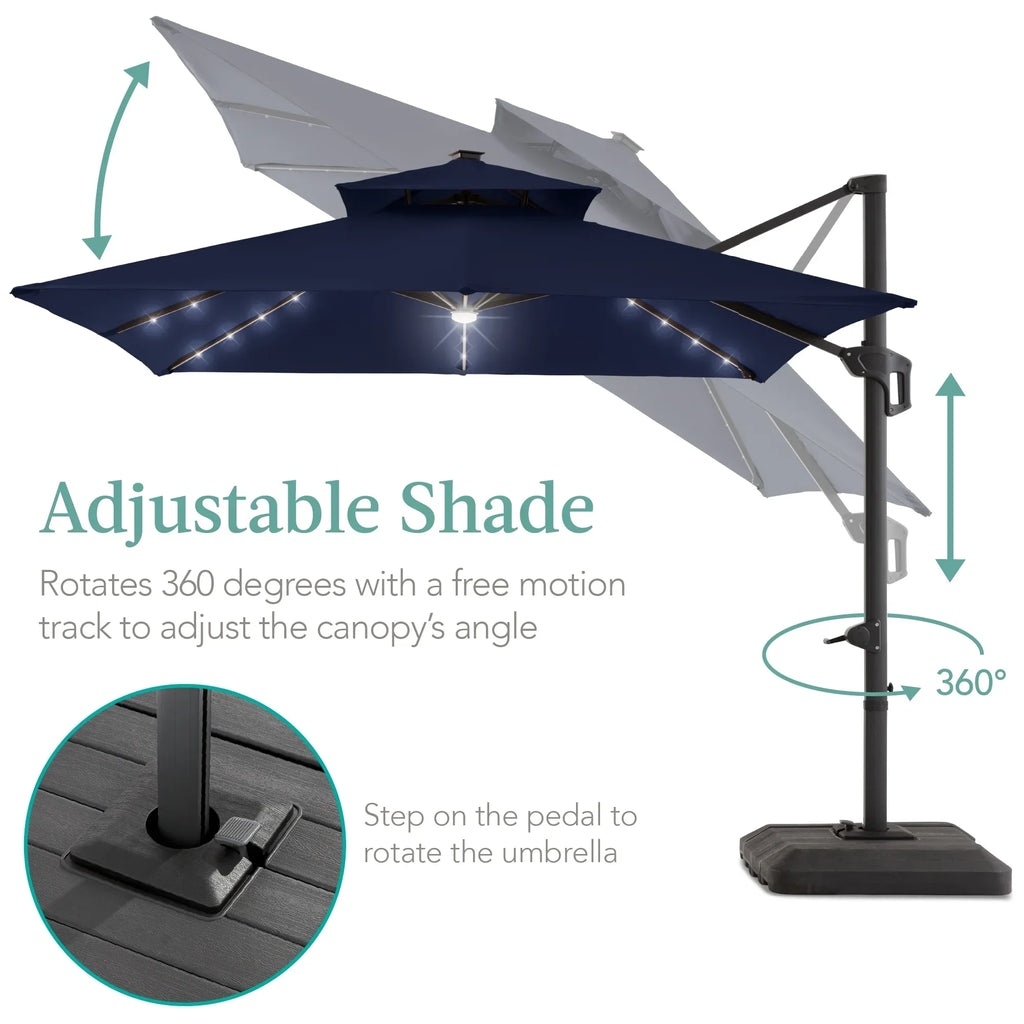 Nouveauté 2026 – Parasol de terrasse carré déporté à deux niveaux, 3 x 3 m, à éclairage solaire LED, avec base incluse (Best Choice Products, ) - Beige