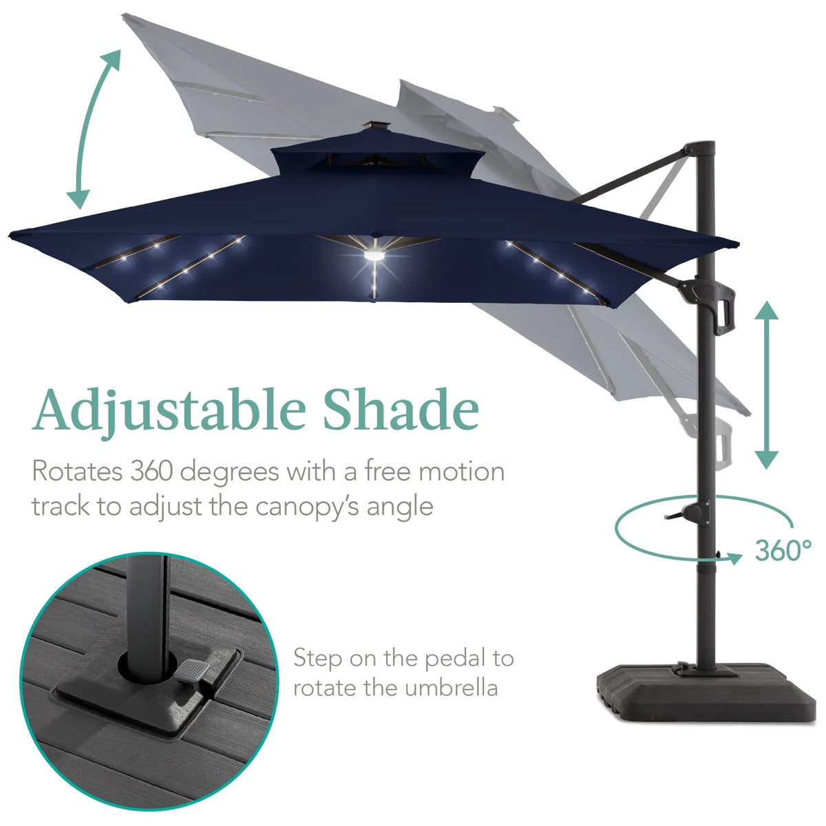 Nouveauté 2026 – Parasol de terrasse carré déporté à deux niveaux, 3 x 3 m, à éclairage solaire LED, avec base incluse (Best Choice Products, ) - Beige