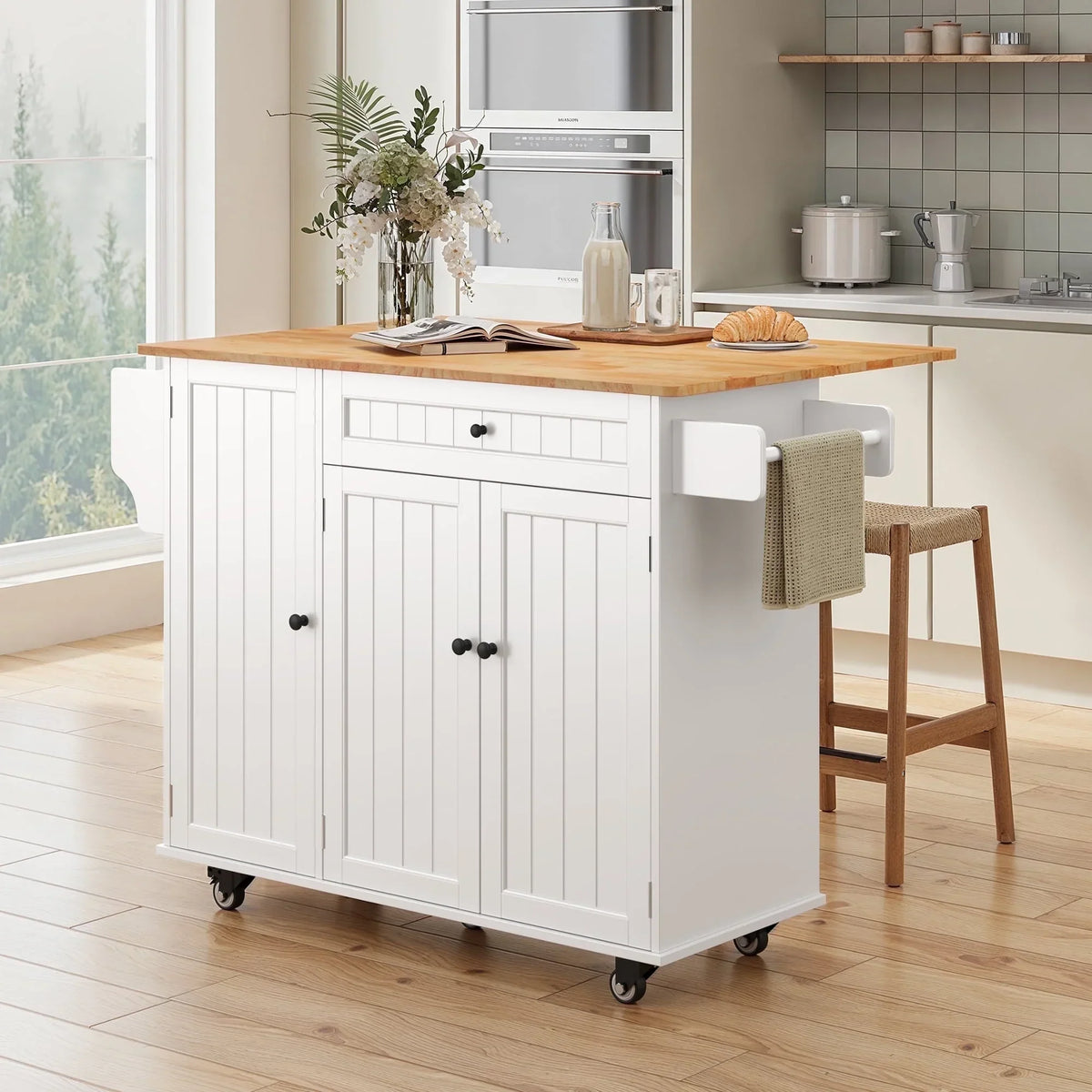 Nouveauté 2026 – Îlot de cuisine mobile Lofka avec rangements, plateau en bois massif, tiroirs, étagère à épices et porte-serviettes - Poste de travail mobile idéal pour les petites cuisines et salles à manger, blanc