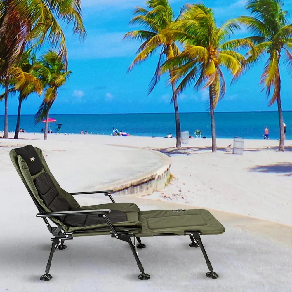 Nouveauté 2026 – Chaise de pêche surdimensionnée VINGLI avec repose-pieds, supporte jusqu'à 200 kg, dossier inclinable à 160°, noir et vert armée
