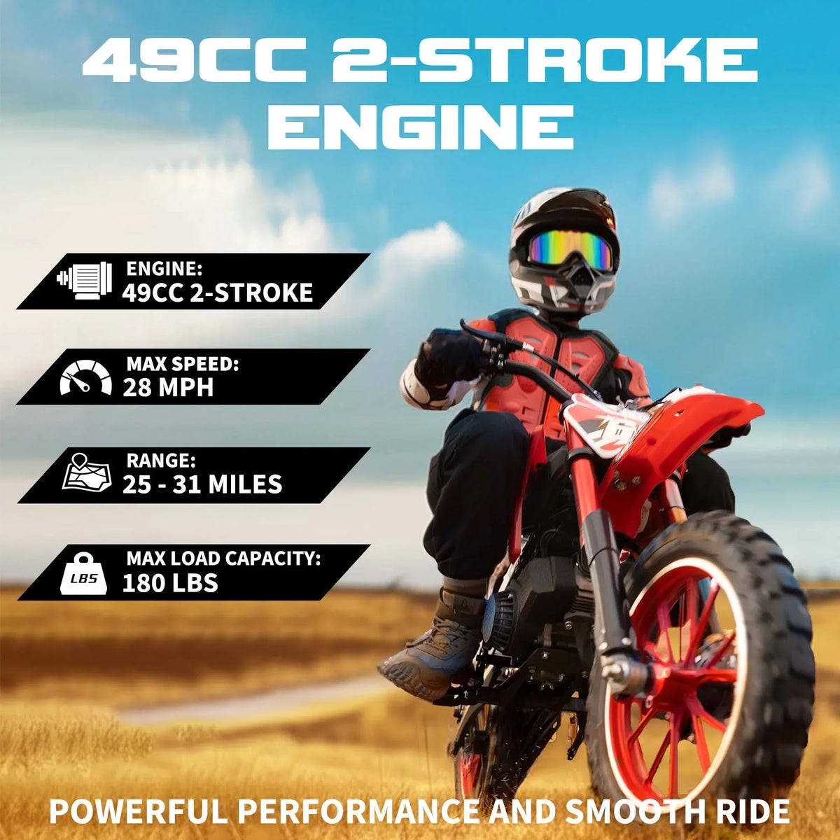 Nouveauté 2026 – Moto tout-terrain enfant MX 49 cm³ , moteur 2 temps à essence, suspension à ressorts, selle confortable, freins à disque avant et arrière, vitesse maximale de 45 km/h