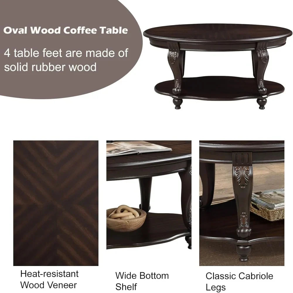 Nouveauté 2026 – Table basse ovale 42" avec étagère de rangement, table basse à deux niveaux en bois massif, style rétro traditionnel pour salon, supporte jusqu'à 181 kg, couleur cerisier
