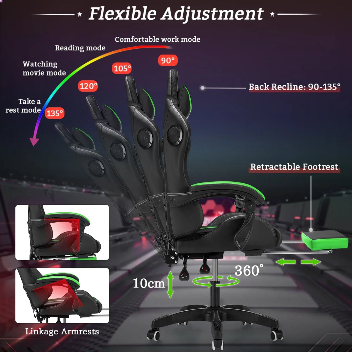 Nouveauté 2026 – Fauteuil de jeu Hoffree avec haut-parleurs intégrés, en cuir PU, repose-pieds et éclairage LED. Fauteuil ergonomique pour gamer avec massage, soutien lombaire et appui-tête pivotant et réglable. Idéal pour le télétravail et le bureau