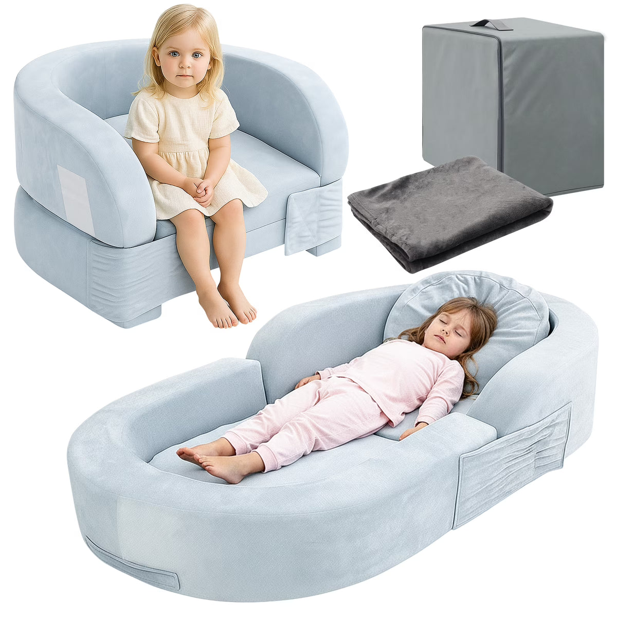 Nouveauté 2026 – Lit de voyage pour tout-petits Coumy 2-en-1 avec housse amovible, matelas pliable et portable en mousse souple, sac de transport inclus, bleu