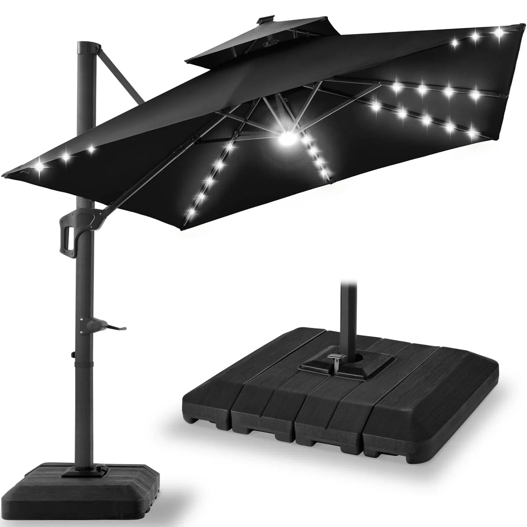 Nouveauté 2026 – Parasol de terrasse carré déporté à deux niveaux, 3 x 3 m, à éclairage solaire LED, avec base incluse (Best Choice Products, ) - Beige