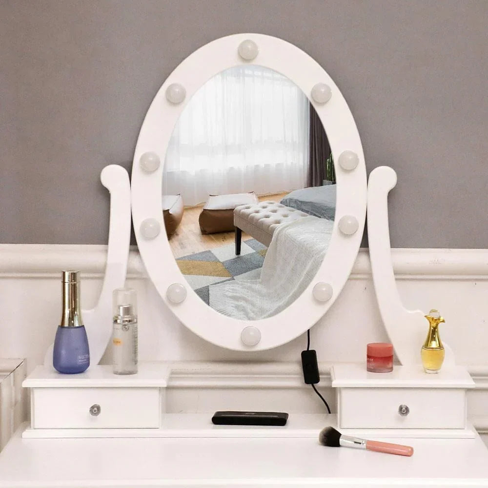 Nouveauté 2026 – Coiffeuse Ktaxon avec 10 lumières LED, 5 tiroirs et tabouret rembourré, ensemble de coiffeuse blanc pour chambre à coucher