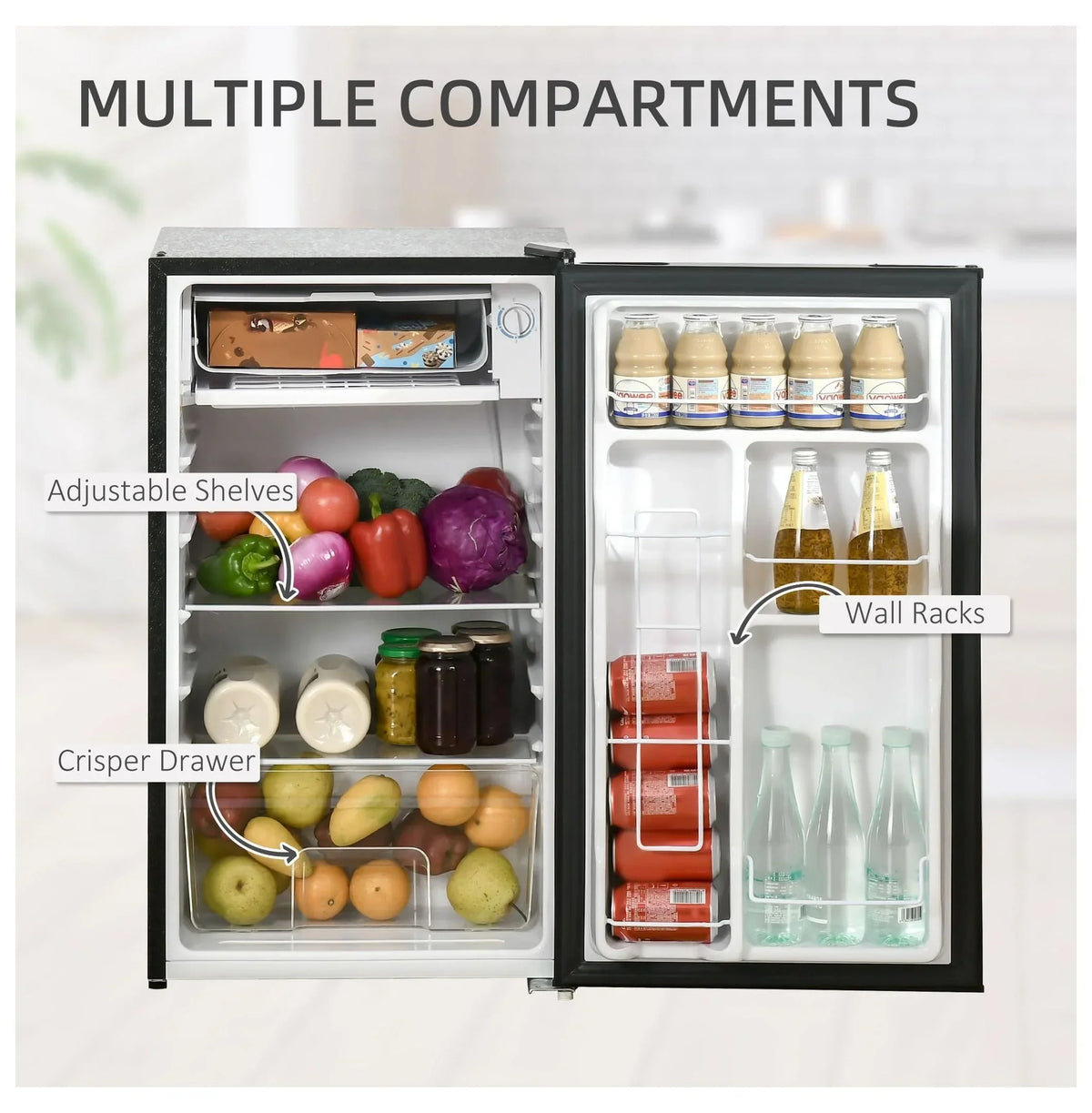Nouveauté 2026 – Mini-réfrigérateur avec congélateur , réfrigérateur compact de 90 litres (3,2 pi³) pour chambre, dortoir, appartement - Thermostat réglable, porte réversible, noir