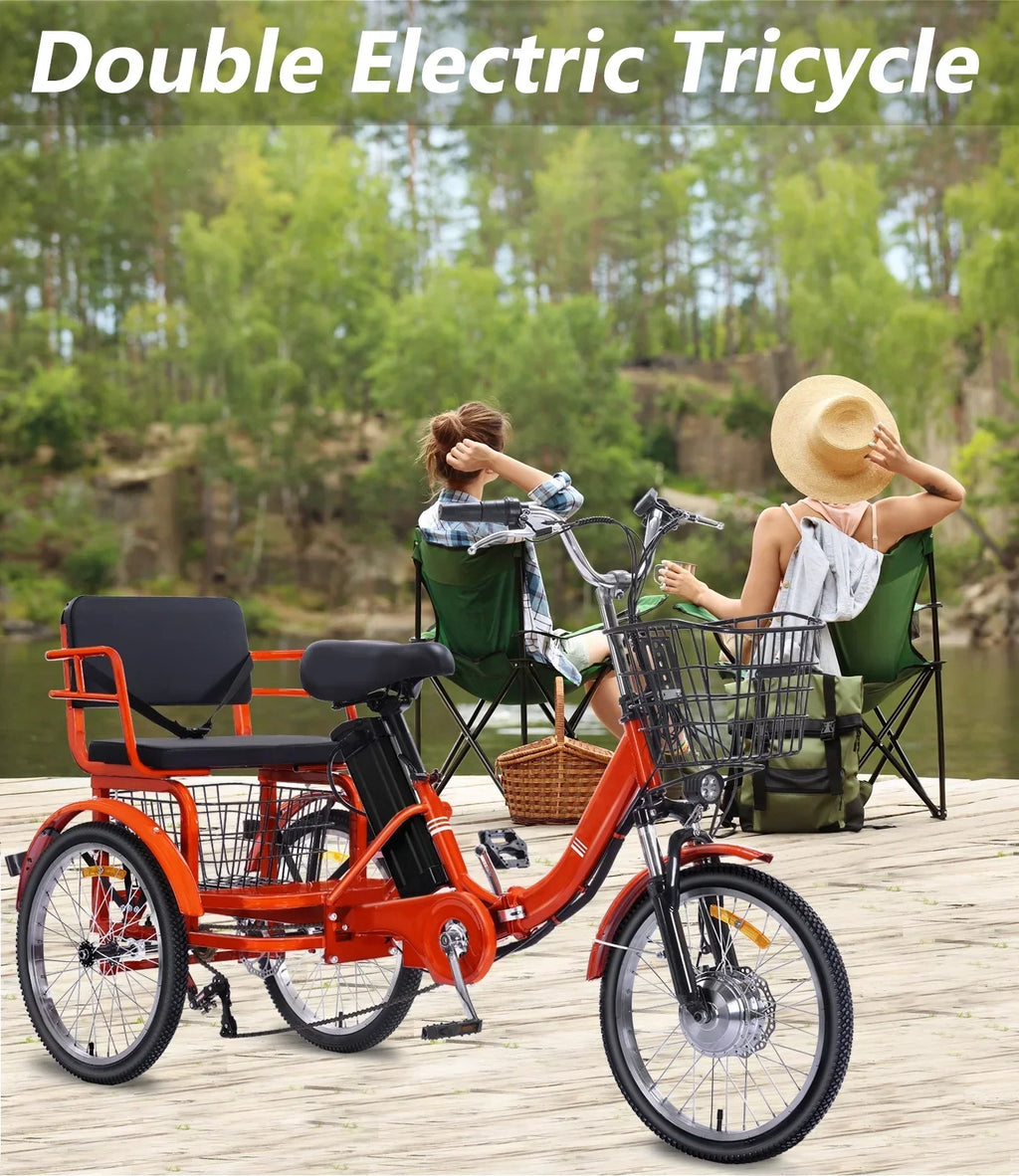 Nouveauté 2026 – Tricycle électrique NOMIGO pour adultes, pliable, à 3 roues, deux places, grand panier, moteur sans balais ultra-puissant de 350 W, batterie lithium 48 V 13 Ah, vitesse maximale de 32 km/h, orange