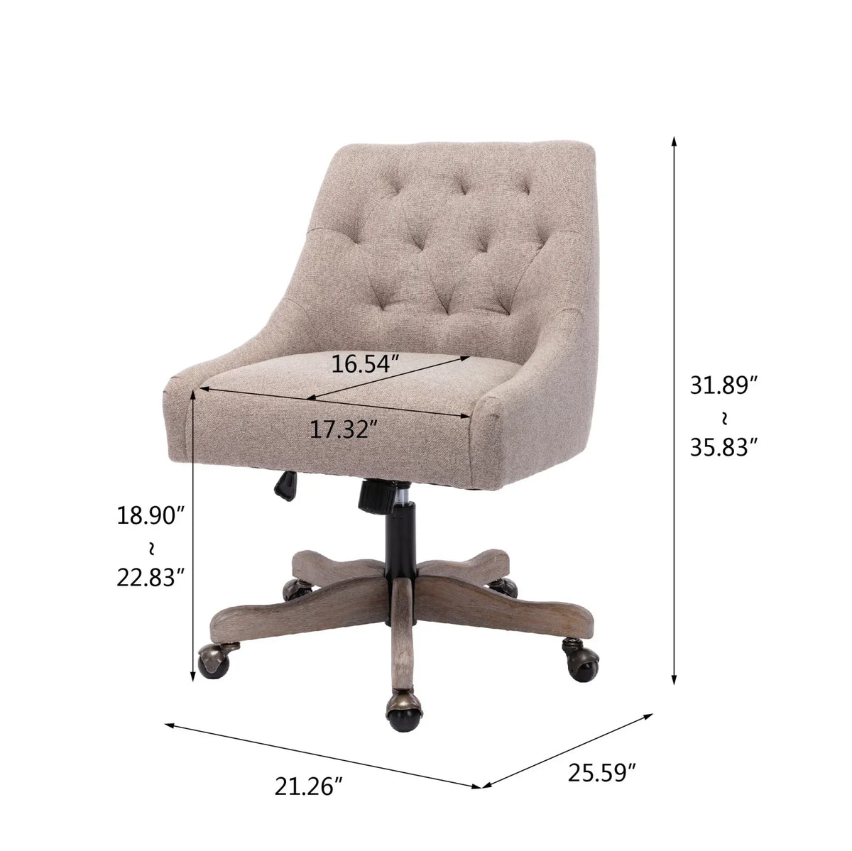 Nouveauté 2026 – Chaise de bureau pivotante à 360° , chaise de coiffeuse rembourrée avec base en bois massif et roulettes, hauteur réglable, idéale pour la chambre ou le salon, marron