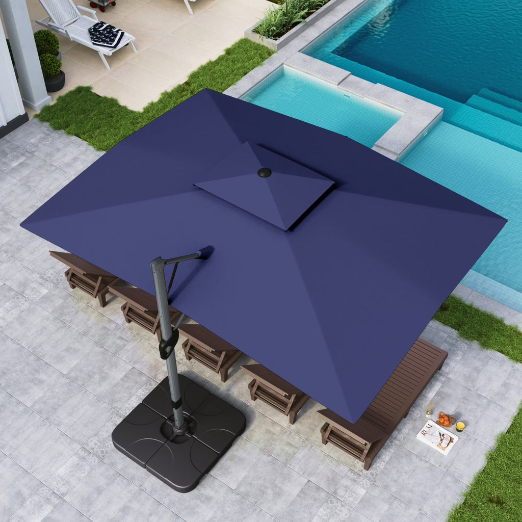 Nouveauté 2026 – Parasol d'extérieur Alpha Joy 12x9pi (3,66 x 2,74 m), grand modèle rectangulaire déporté à double structure, rotation à 360°, beige
