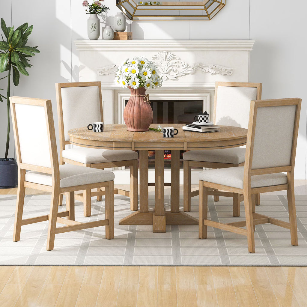 Nouveauté 2026 – Ensemble de salle à manger rond 5 pièces , comprenant une table extensible et 4 chaises rembourrées, en bois, pour 4 personnes. Style campagnard, idéal pour la cuisine, la salle à manger ou un appartement. Couleur : marron