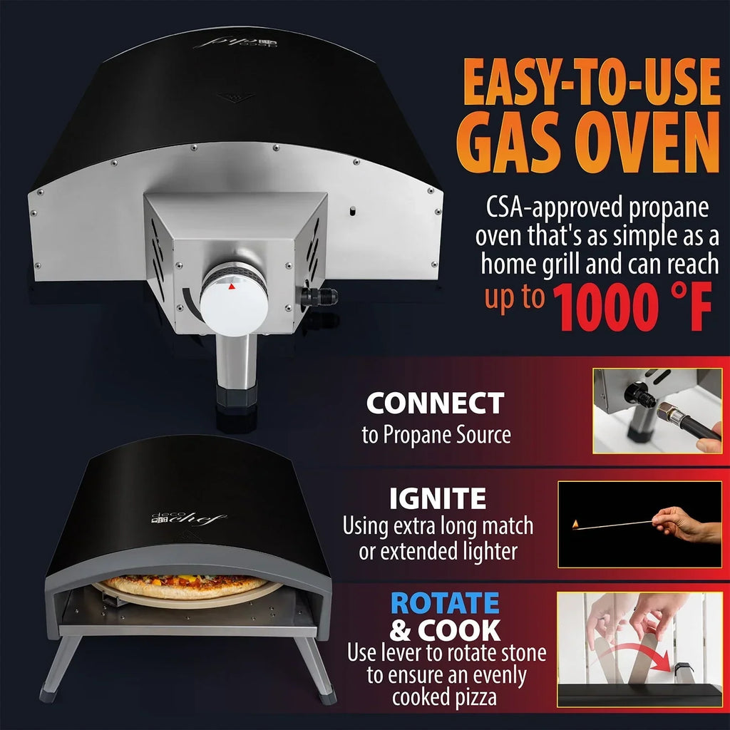 Nouveauté 2026 – Four à pizza à gaz d'extérieur Deco Chef , modèle pliable et portable, pierre de cuisson auto-rotative facile à utiliser, noir