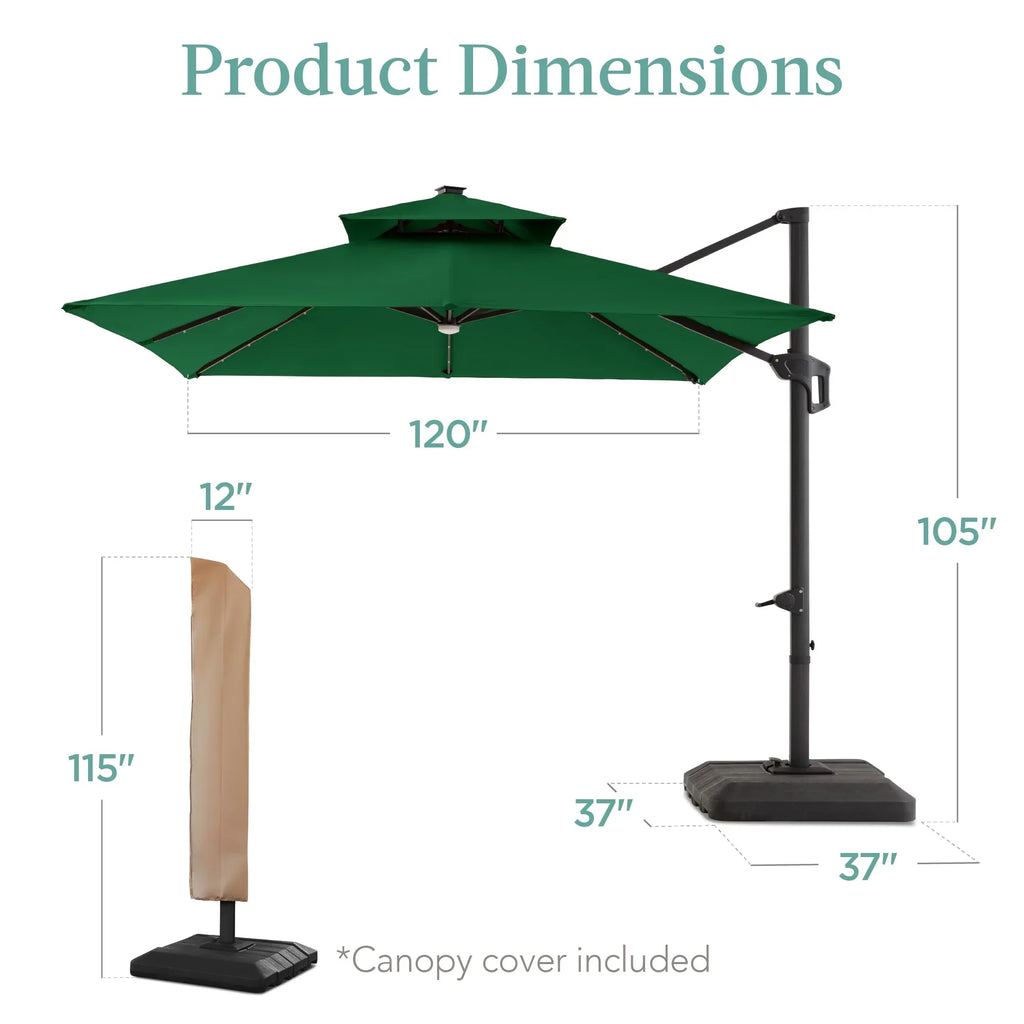 Nouveauté 2026 – Parasol de terrasse carré déporté à deux niveaux, 3 x 3 m, à éclairage solaire LED, avec base incluse (Best Choice Products, ) - Beige