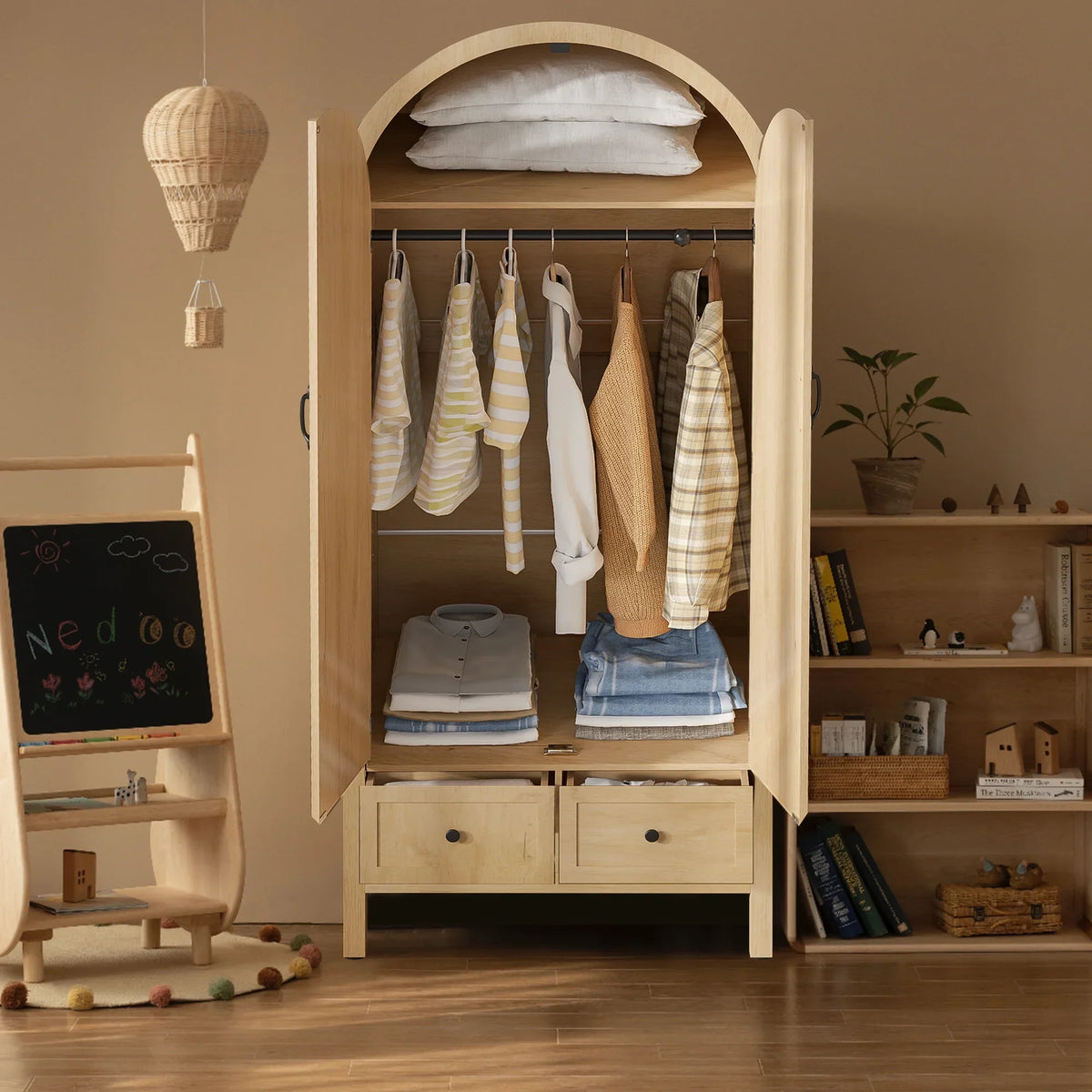 Nouveauté 2026 – Armoire-penderie cintrée Oubayajia avec portes cannelées, en bois, avec tiroirs, étagères et tringle pour chambre à coucher