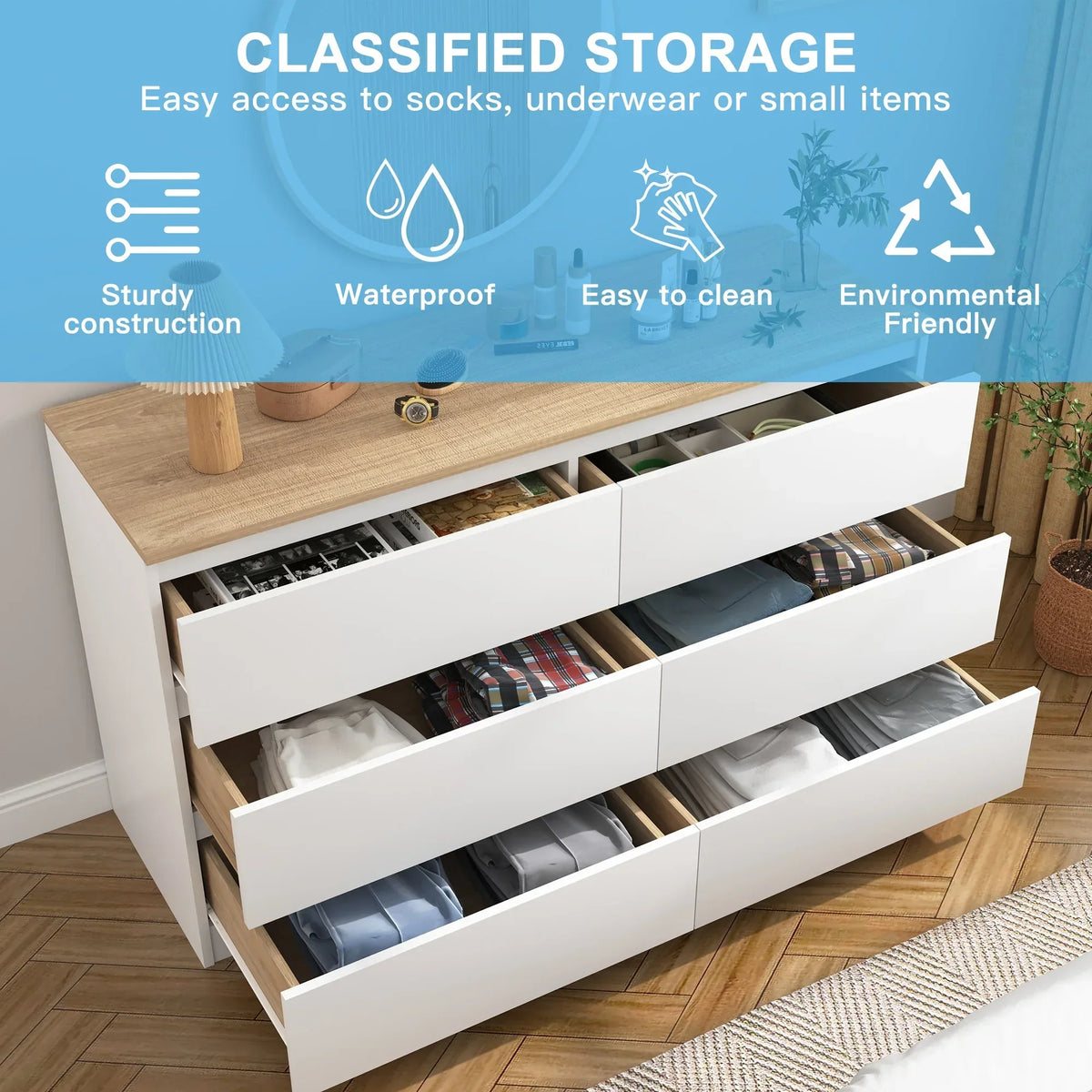 Nouveauté 2026 – Commode Resenkos moderne style milieu du siècle, 6 tiroirs, large, pour chambre à coucher, grise