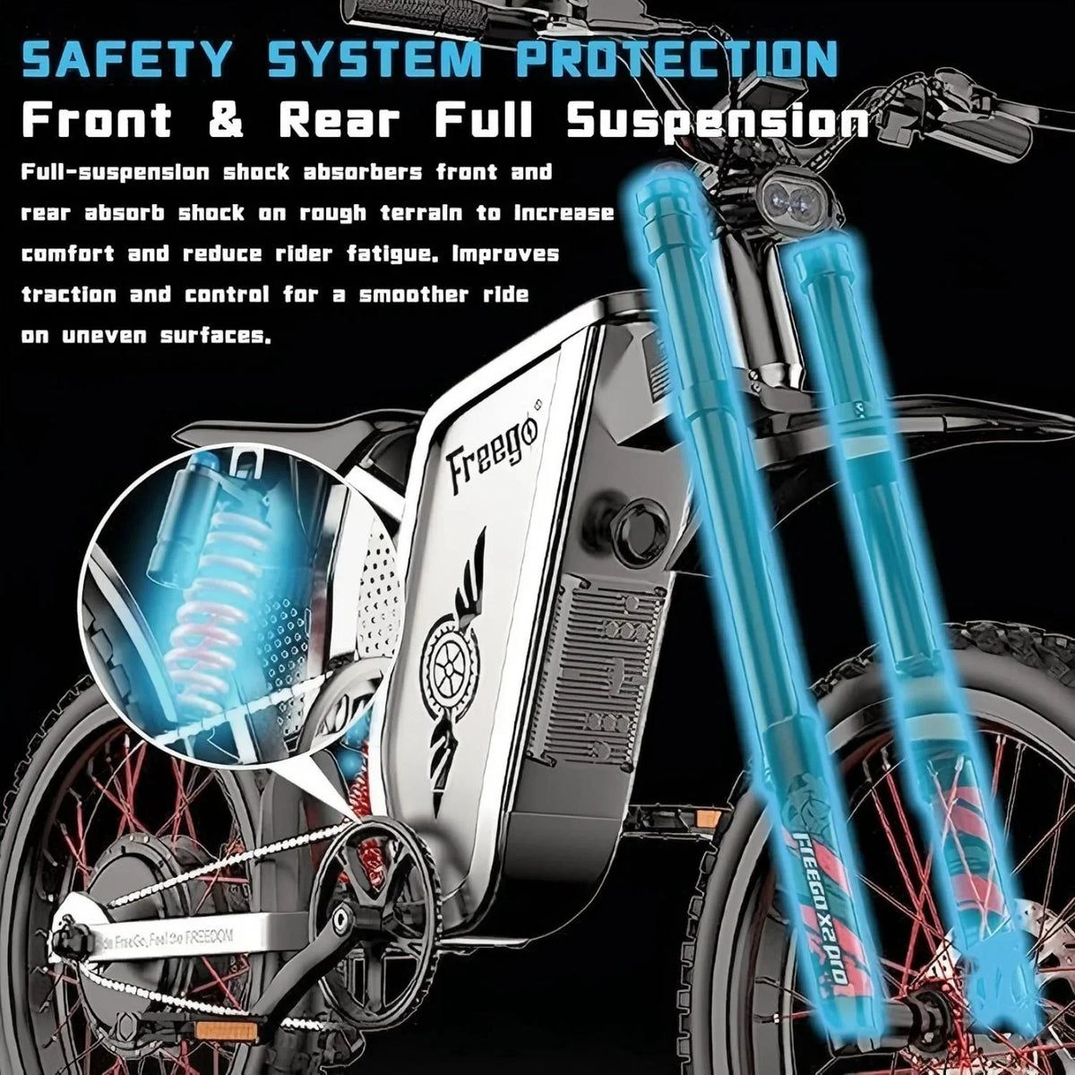 Nouveauté 2026 – Vélo tout-terrain électrique Freego X2 Pro , vitesse maximale de 80 km/h, moteur de 6000 W (crête), batterie 60 V 30 Ah, pneus 19 x 2, suspension intégrale, freins hydrauliques, accélérateur à mi-course, homologué UL2849